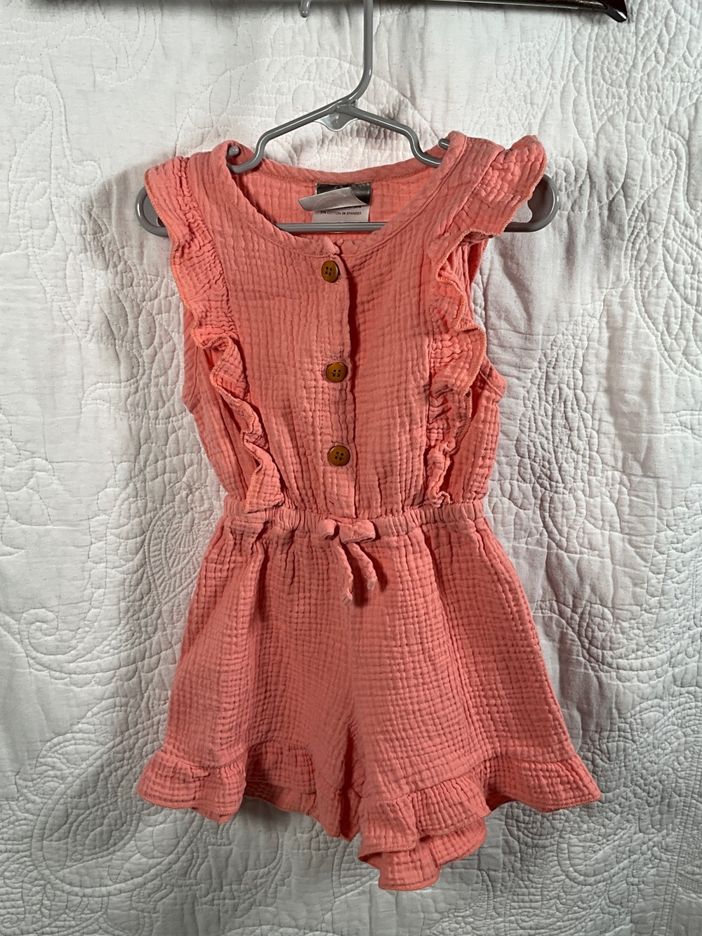 Girls Coral Ruffle Romper with Button Front